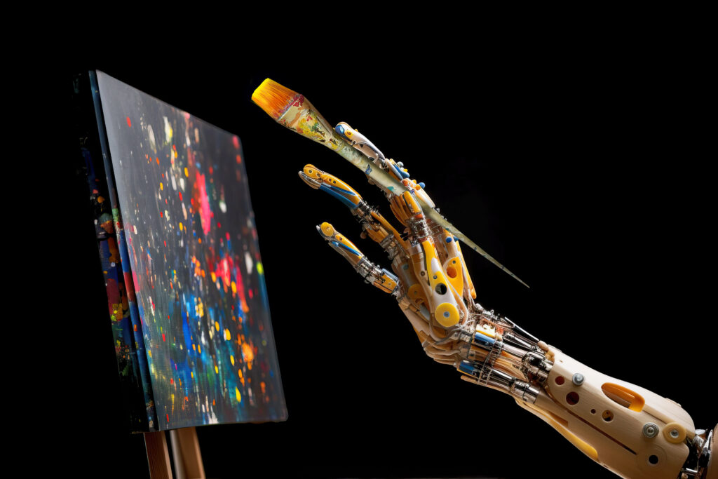 Image of a robot hand, holding a paintbrush.